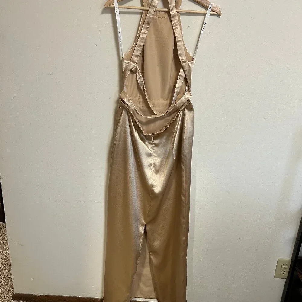 Azazie Clarice Gold Metallic Satin Bridesmaid Dress Sz 6 EUC - Picture 4 of 12